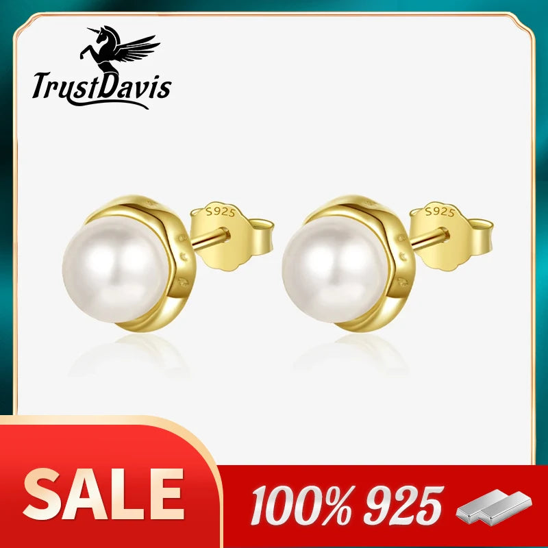 TrustDavis Real 925 Sterling Silver Sweet Natural Freshwater Pearl Stud Earrings For Daughter Girls Birthday Gift Jewelry DE0308