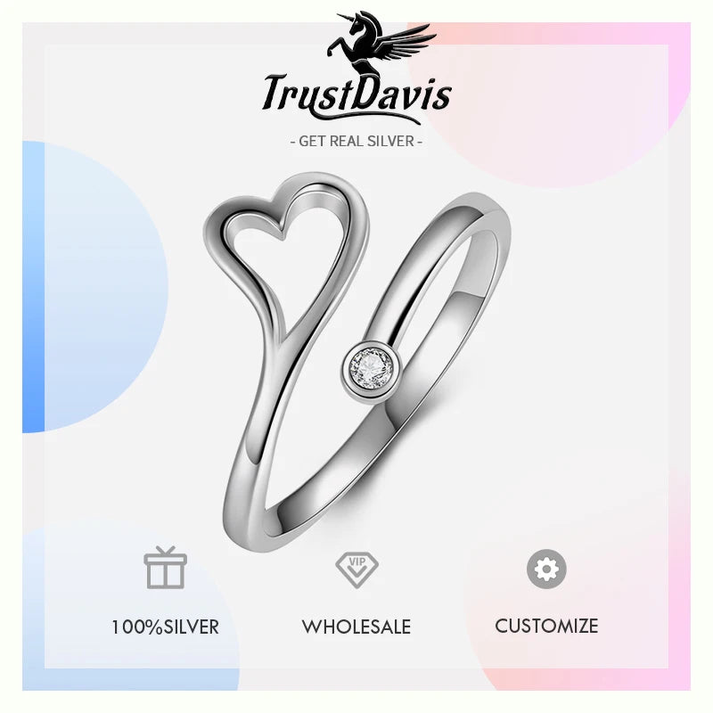 TrustDavis Real 925 Sterling Silver Women's Fashion Simple Hollow Heart-shaped Open Ring for Women Girl Jewelry Gift DS4255