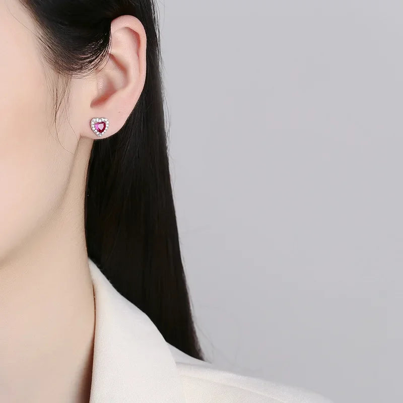 TrustDavis Authentic 925 Sterling Silver Pink Red Heart CZ Stud Earrings for Women Girls Kids Birthday Gift Jewelry DS3921