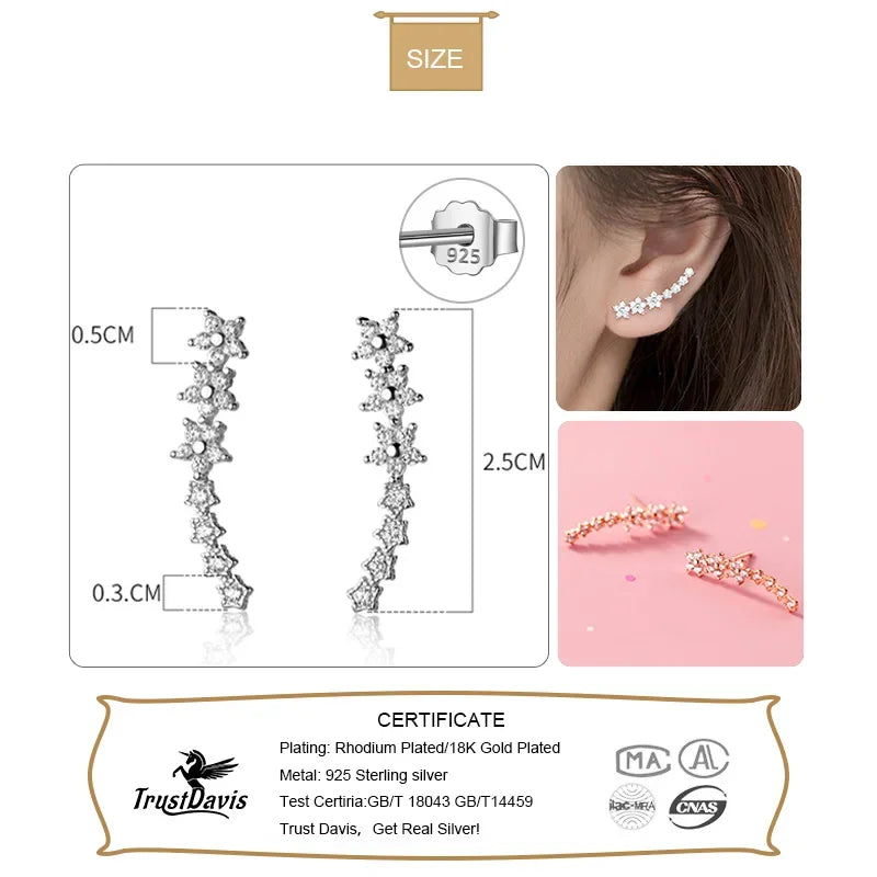 TrustDavis Real 925 Sterling Silver Fashion Sweet Star Dazzling CZ Stud Earrings For Women Wedding Fine Jewelry DA2390