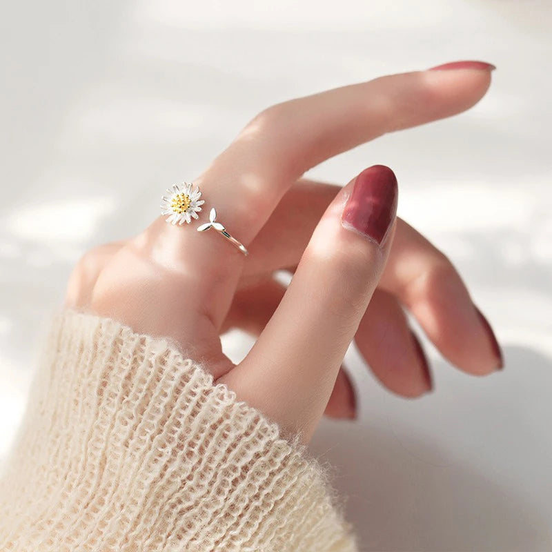 TrustDavis 925 Sterling Silver Women's Fashion Open Daisy Ring Sunflower Adjustable Ring for Women Grils Gift Jewelry DS4470