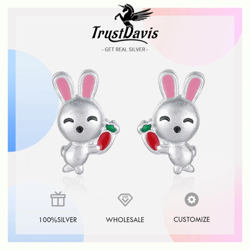 TrustDavis Real 925 Sterling Silver Kids Earring Frosted Rabbit Carrot Stud Earrings For Daughter Girls Fine Jewelry Gift DS3213