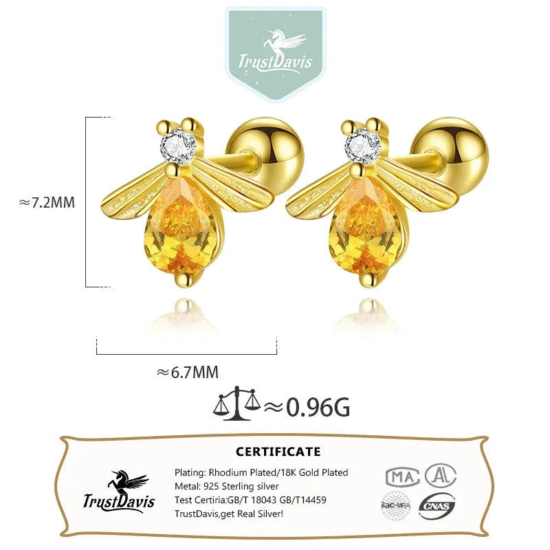 TrustDavis Real 925 Sterling Silver Cute Insect Bee Zircon Stud Earrings For Women Wedding Valentine's Day Jewelry DS4575
