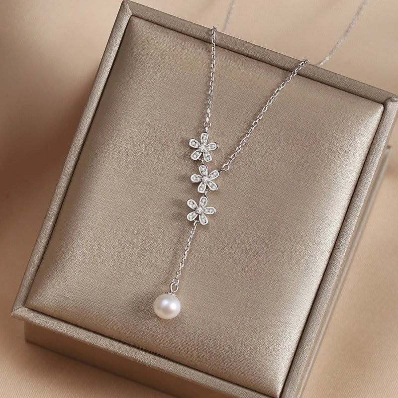 TrustDavis 925 Sterling Silver Women's Necklace Fashion Simple Flower Pearl Necklace for Women Girls Jewelry Gift DS4450