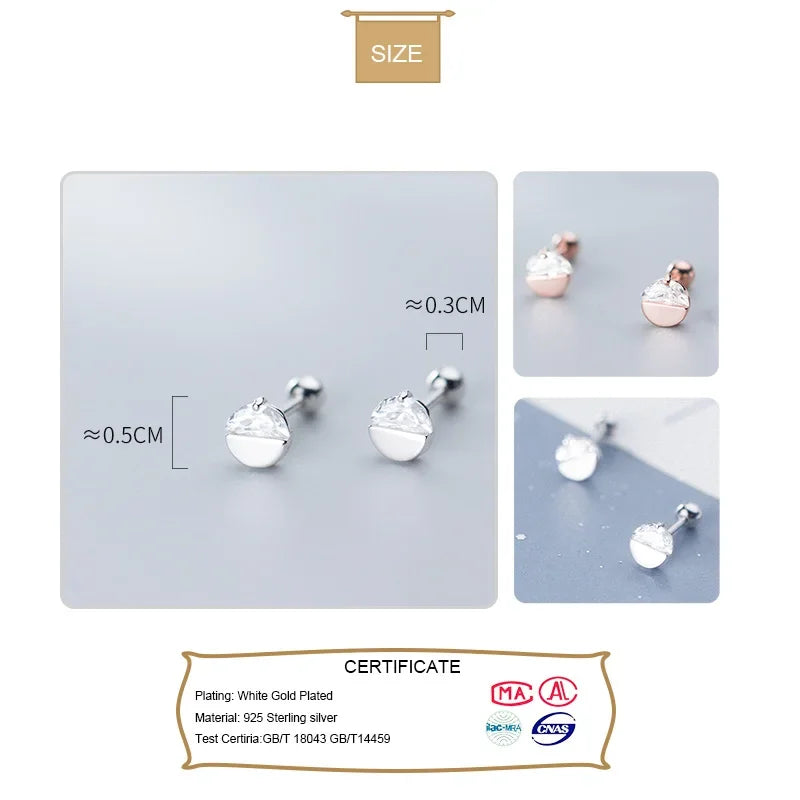 TrustDavis Real 925 Sterling Silver Semicircle CZ Screw Stud Earrings For Women Children Baby Girls Kid Minimalist Jewelry DS931