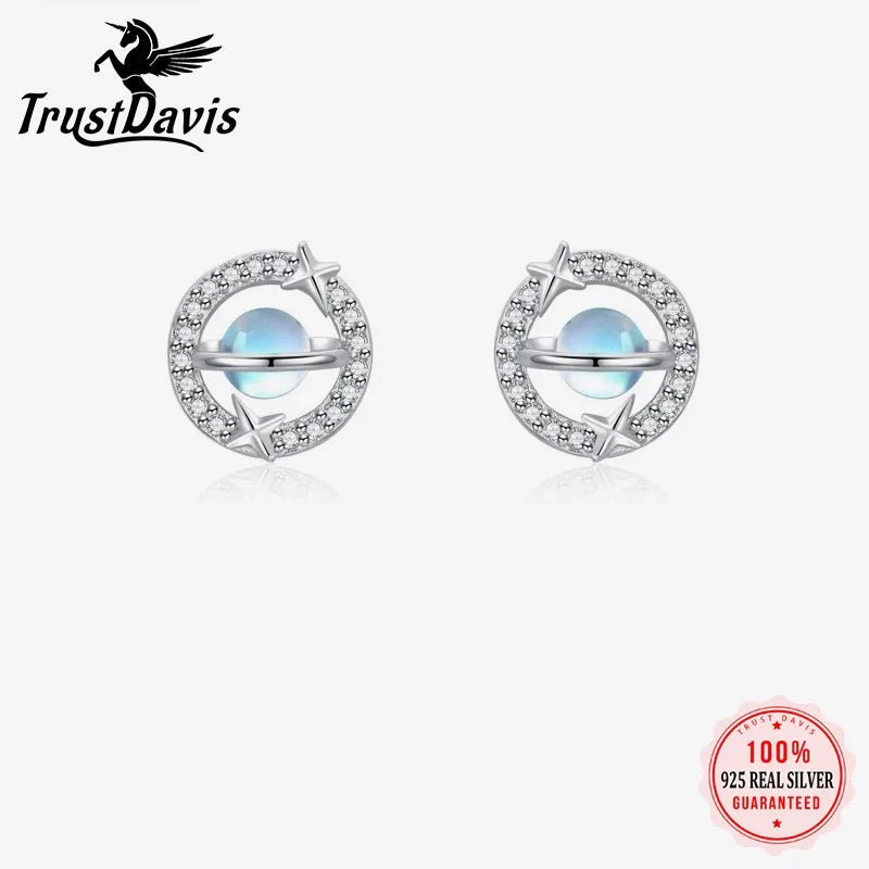 TrustDavis Real 925 Sterling Silver Women's Fashion Moonstone Planet Zirconia Stud Earrings for Women Girls Jewelry Gifts DS4243