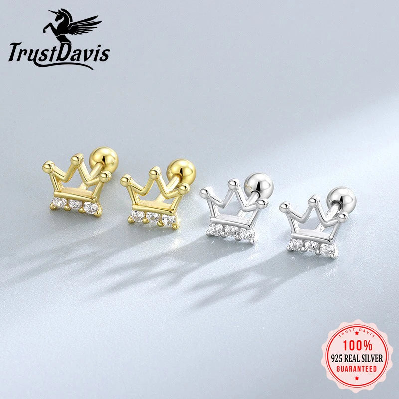 Simple Zirconia Hollow Crown Screw Earrings for Women Girls Jewelry Gift DS4278