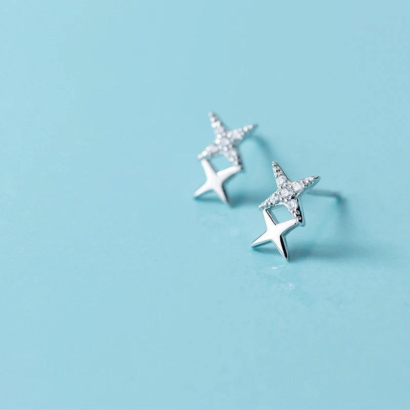TrustDavis 100% 925 Real Sterling Silver 2Pcs Women's Jewelry Fashion Cute CZ Star Stud Earrings Gift For Girls Teen Lady DS517