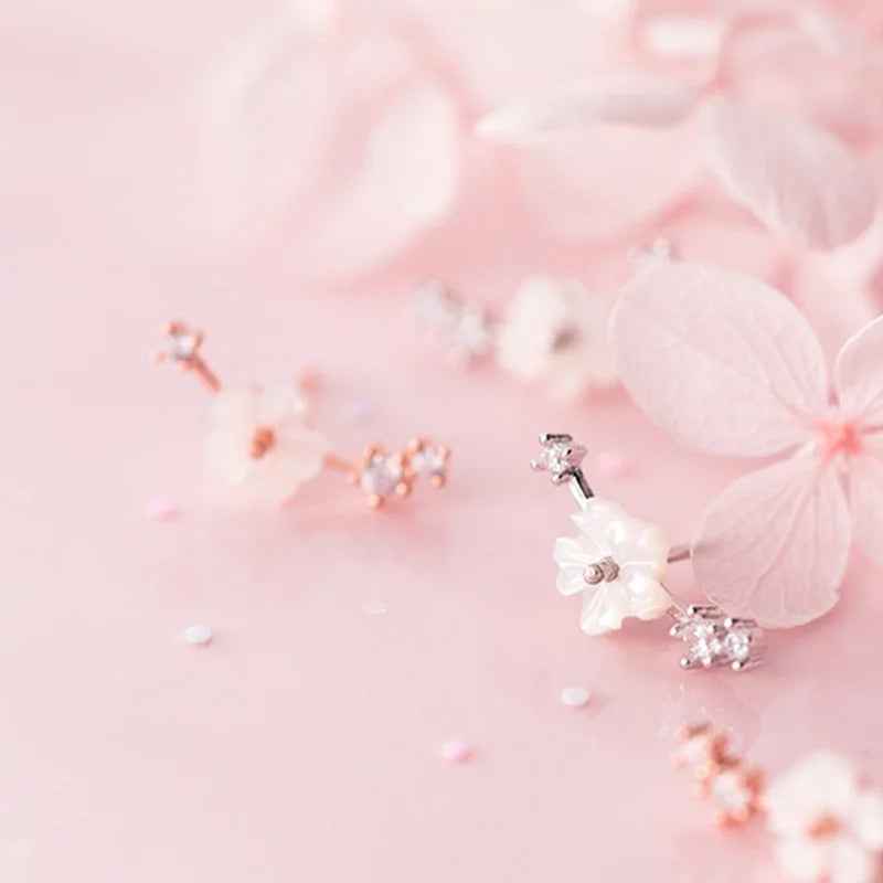 TrustDavis S925 Sterling Silver Fashion Sweet Shell Flower Shiny CZ Stud Earring For Women Wedding Party Birthday Present DS828