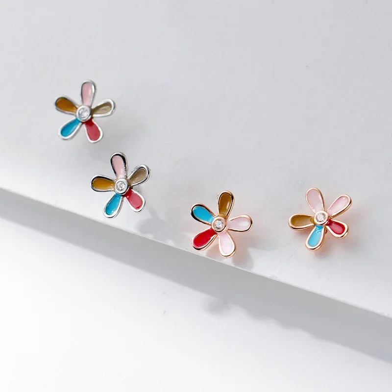 TrustDavis Girls Real 925 Sterling Silver Cute Colorful Five Petal Flower Earring Gift for Women Girl Fine Jewelry Gift DS4074