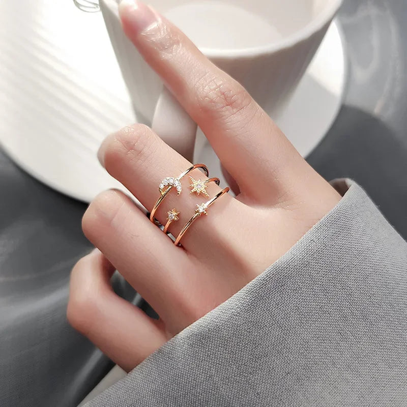 3 Layer Star Moon Dazzling CZ Adjustable Rings DA1510