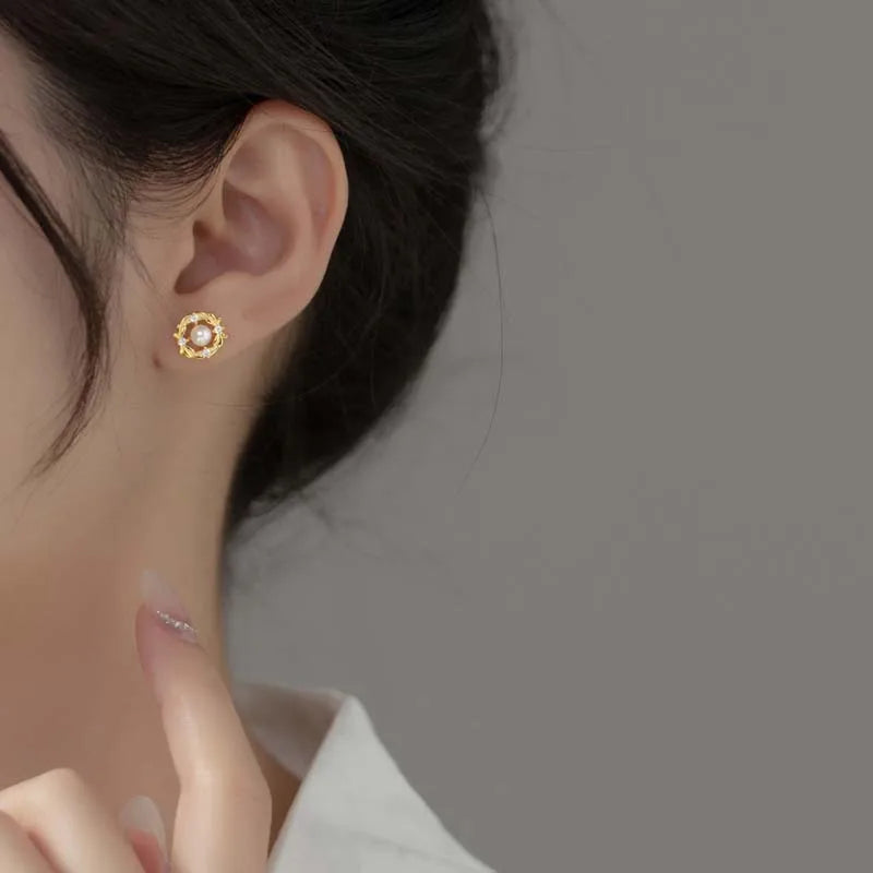 Trustdavis Girls 925 Sterling Silver Fashion Pearl Zircon Stud Earrings for Women Girls Wedding Party S925 Jewelry DS4560