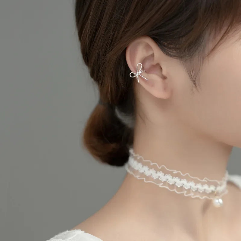 TrustDavis Fashion 925 Sterling Silver Bowknot Ear Cuff Clip on Earrings For Women Girl Without Piercing Earings Jewelry DB1186