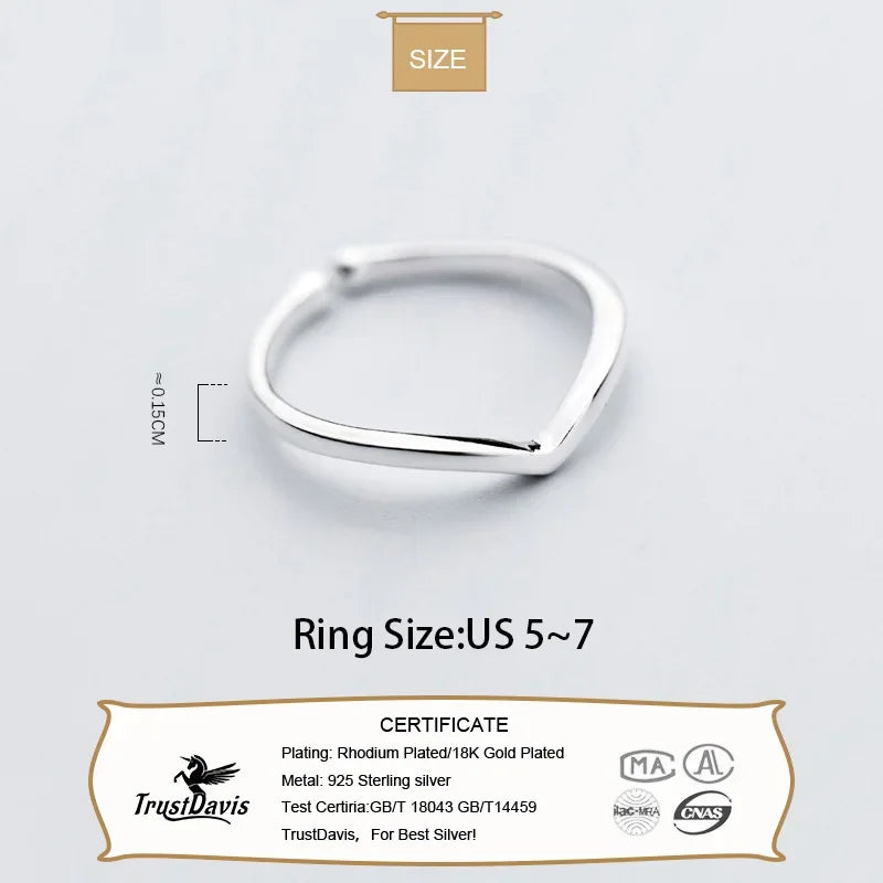 TrustDavis Women V Shape Ring Letter Opening Fashion Jewelry Pure 100% 925 Sterling Silver Finger Rings Best Gift DS435