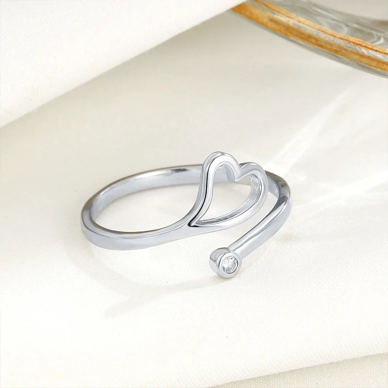 TrustDavis Real 925 Sterling Silver Women's Fashion Simple Hollow Heart-shaped Open Ring for Women Girl Jewelry Gift DS4255