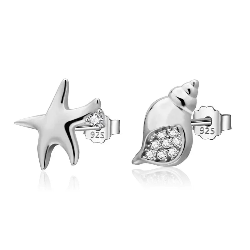 TrustDavis Genuine 925 Sterling Silver Asymmetric Conch Starfish CZ Stud Earrings For Fashion Woman Party Fine Jewelry DA1219