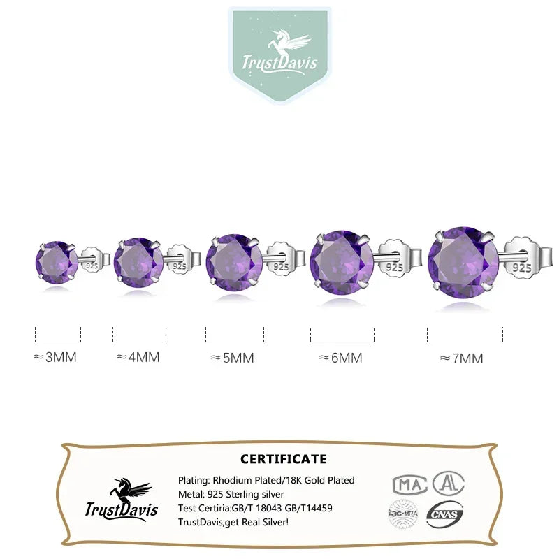 TrustDavis 100% 925 Sterling Silver Purple CZ Stone Stud Earrings Small Cute Gift For Girls Women Fine Jewelry Wholesale DS910