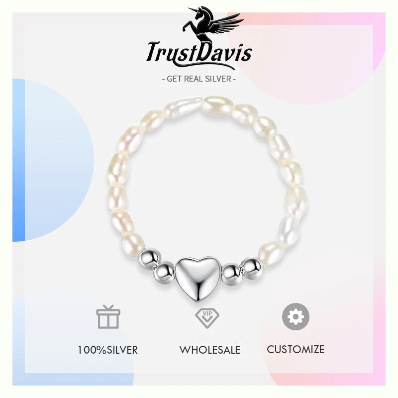 TrustDavis Real 925 Sterling Silver Sweet Pearl Heart Beads Elastic Rings For Women Party S925 Jewelry DA1308