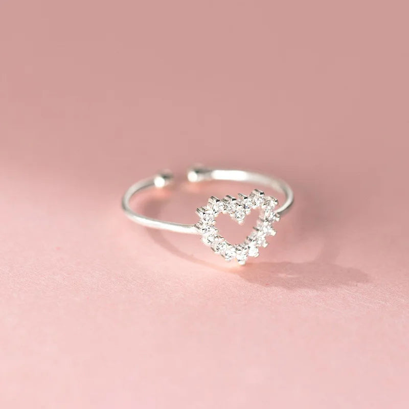 Heart-shaped Zircon Silver Open Ring DS4866