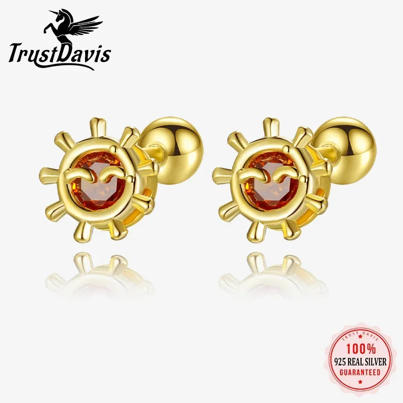 TrustDavis Real 925 Sterling Silver Minimalist Sunshine CZ Stud Earrings For Women Young Daughter Birthday Gift Jewelry DS4586
