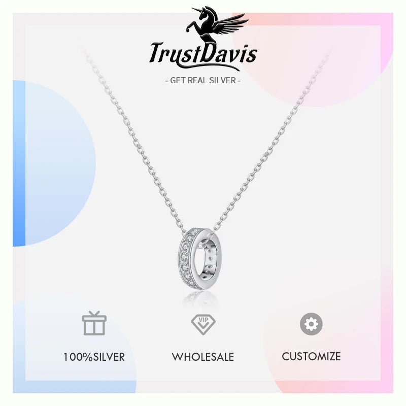 TrustDavis Real 925 Sterling Silver Fashion Geometric Circle Zircon Necklace For Women Wedding Statement Fine Jewelry Gift LB178