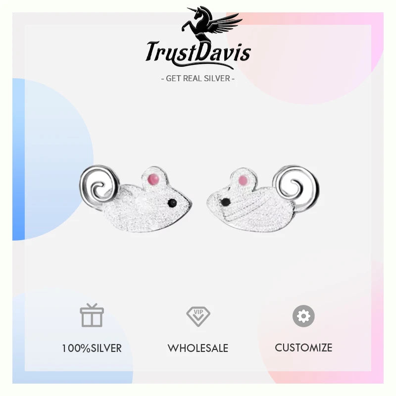 TrustDavis Genuine Fashion 925 Sterling Silver Charms Animal Mouse Stud Earring For Women Silver 925 Earrings Jewelry Gift DA345