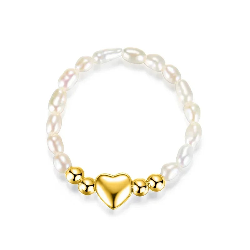 TrustDavis Real 925 Sterling Silver Sweet Pearl Heart Beads Elastic Rings For Women Party S925 Jewelry DA1308