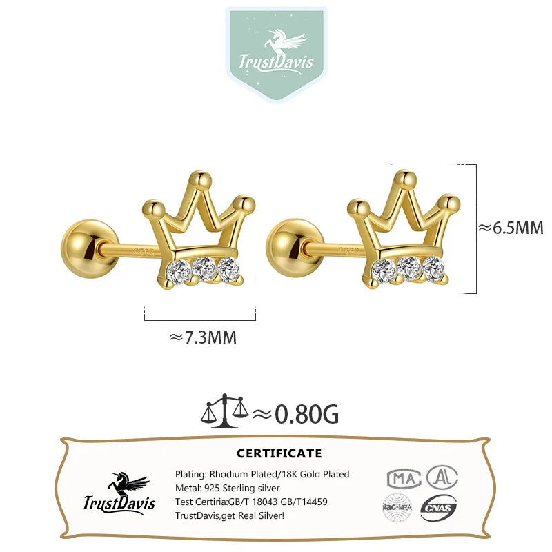 Simple Zirconia Hollow Crown Screw Earrings for Women Girls Jewelry Gift DS4278