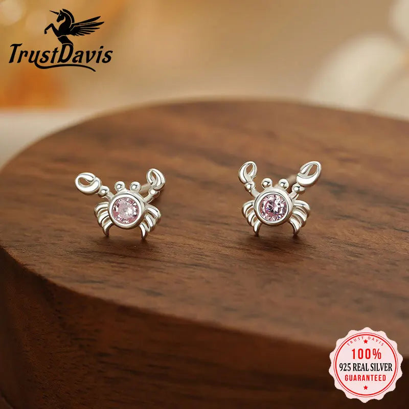 Trustdavis Girls Real 925 Sterling Silver Cute Animal Crab Stud Earrings for Girls Daughter Birthday Party Gift Jewelry DS4196