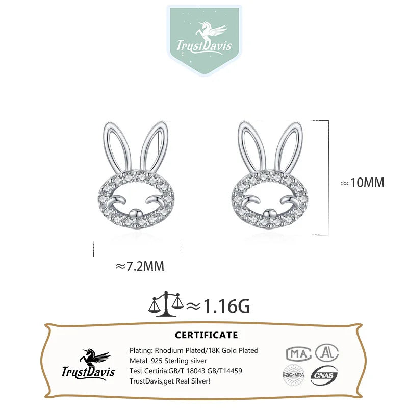 TrustDavis 925 Sterling Silver Women's Simple Sweet Bunny Hollow with Zircon Stud Earrings for Women Girls Jewelry Gift DS4262