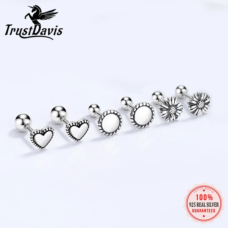 TrustDavis Real 925 Sterling Silver Heart Little Daisy Round Screw Stud Earrings for Women Wedding Trendy Fine Jewelry DS3473