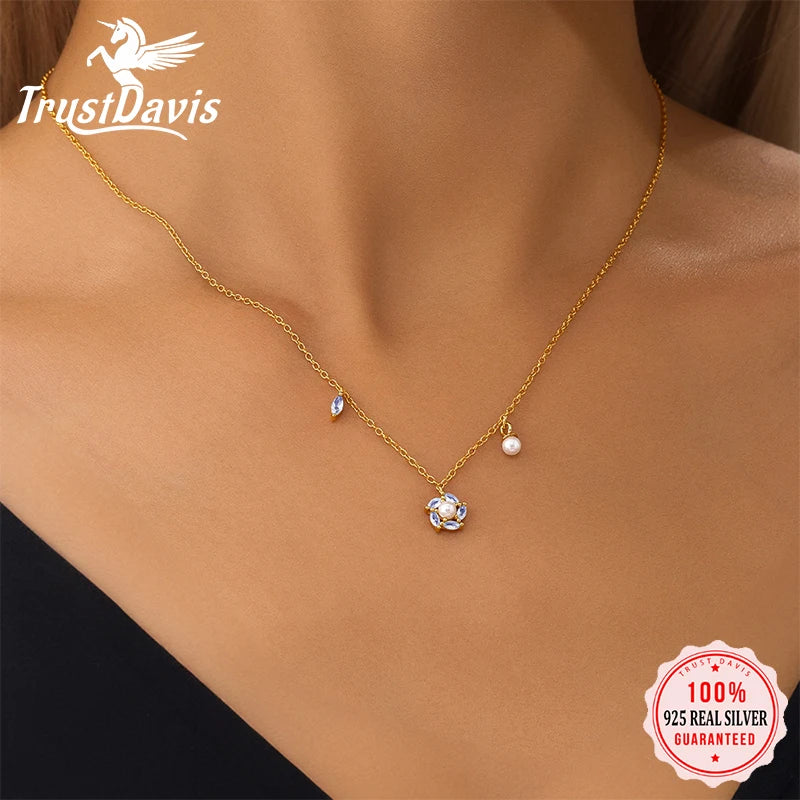 TrustDavis Real 925 Sterling Silver Fashion Simple Heart-shaped Hollow Zircon Necklacefor Women Girls Gift Fine Jewelry DS4705
