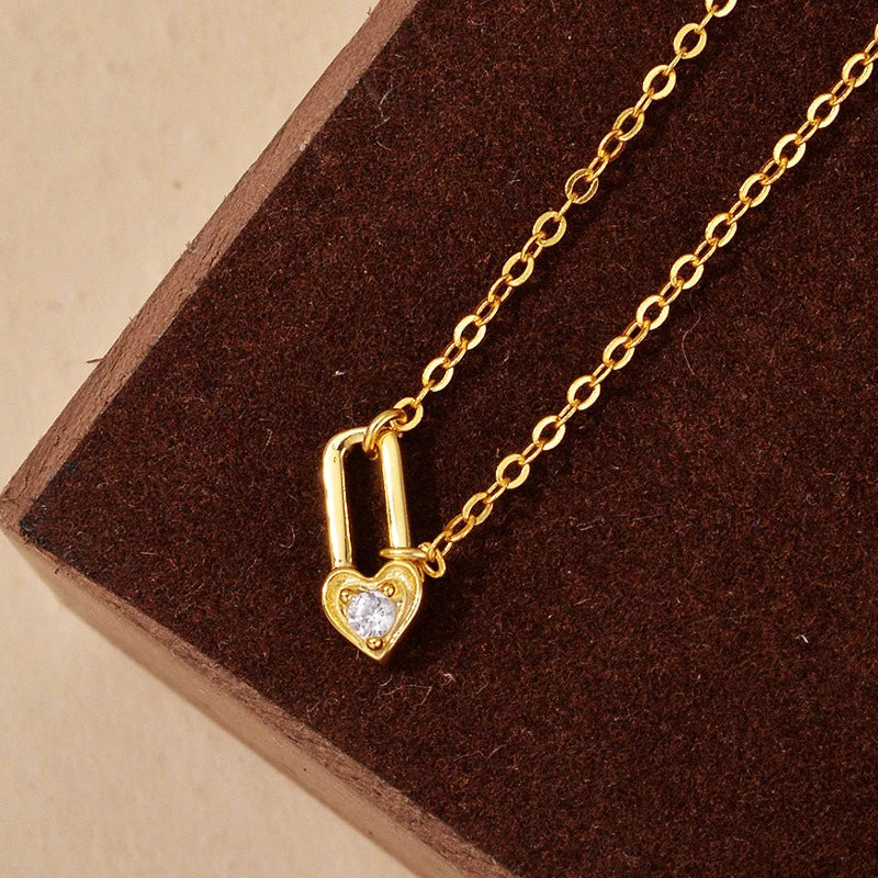 TrustDavis Real 925 Sterling Silver Women's Fashion Simple Zircon Heart Lock Necklace for Women Girls Jewelry Gift DS4457