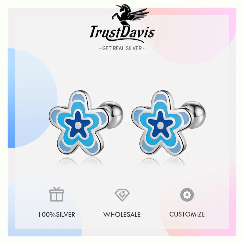 TrustDavis Girls Real 925 Sterling Silver Sweet Drip Glue Flower Stud Earring Gift for Women Girl Fine Jewelry Gift DB1429