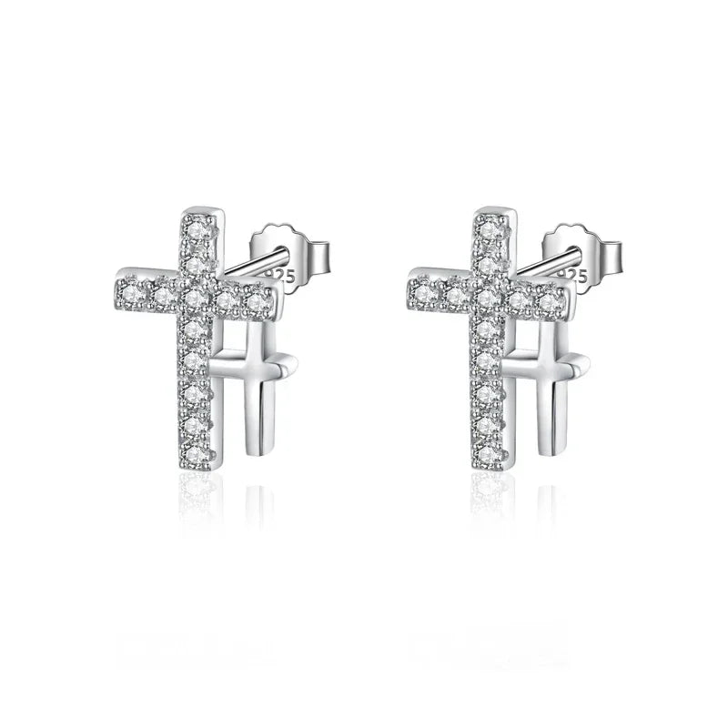 925 Sterling Silver Fahion Sweet Cross Dazzling Charm Stud Earrings DS258