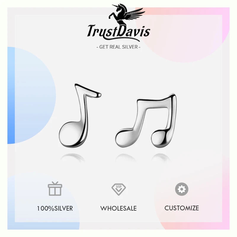 TrustDavis Real 925 Sterling Silver Women's Jewelry Fashion Small Music Note Stud Earrings Gift For Girls Kid Lady Women DS433
