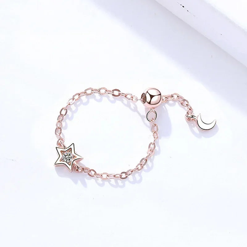 TrustDavis Real 925 Sterling Silver Fashion Moon Star CZ Chain Ring Sizable For Women Wedding Birthday Party Fine Jewelry DA2050