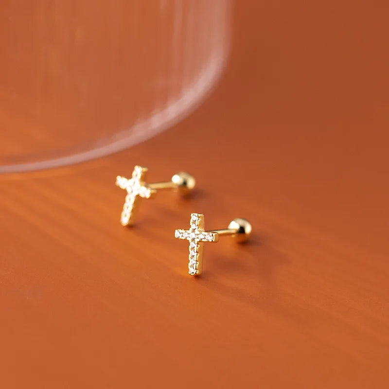 Trustdavis Real 925 Sterling Silver Sweet Cross Round CZ Screw Stud Earrings For Women Children Baby Girls Kids Jewelry DB1365