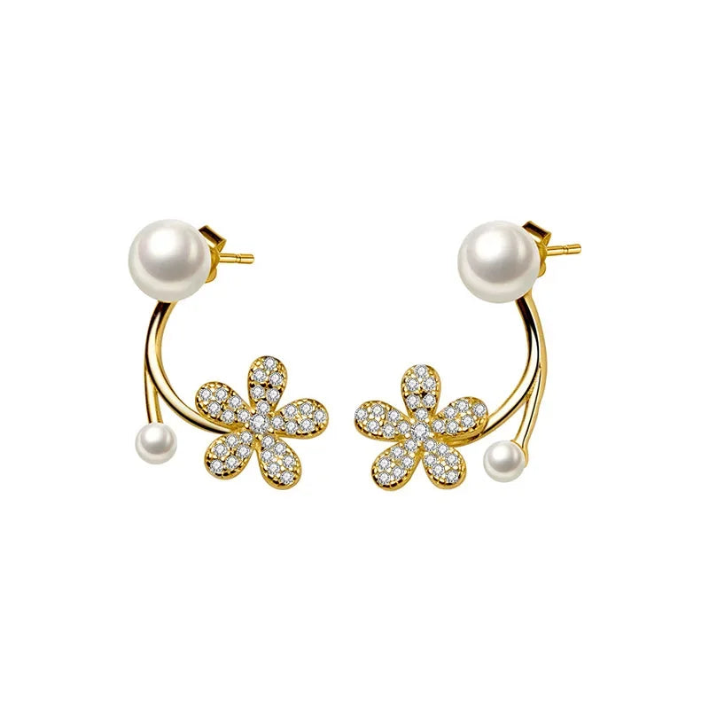 TrustDavis Real 925 Sterling Silver Synthesis Pearl Sweet Flower Zircon Stud Earrings For Women Wedding Fine 925 Jewelry DE0295