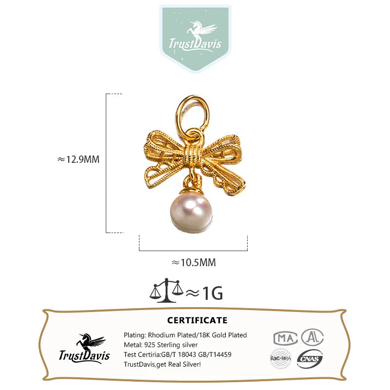 TrustDavis 925 Sterling Silver Fashion Romantic Cute Pearl Bow Pendant DIY Necklace Bracelet Accessories Fine Jewelry DZ1835