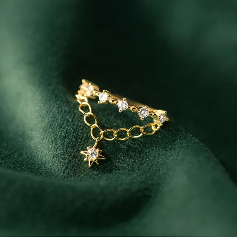 TrustDavis Real 925 Sterling Silver Sweet Double Layer Chain CZ Opening Rings For Women Wedding Party Fine S925 Jewelry DA2570