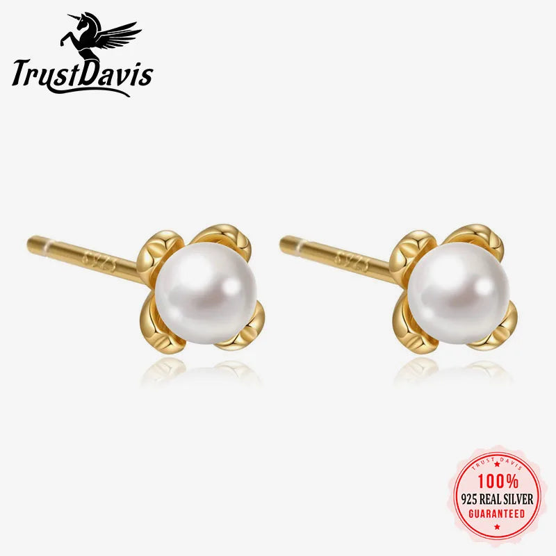 Real 925 Sterling Silver Flower Pearl Stud Earrings DS4958