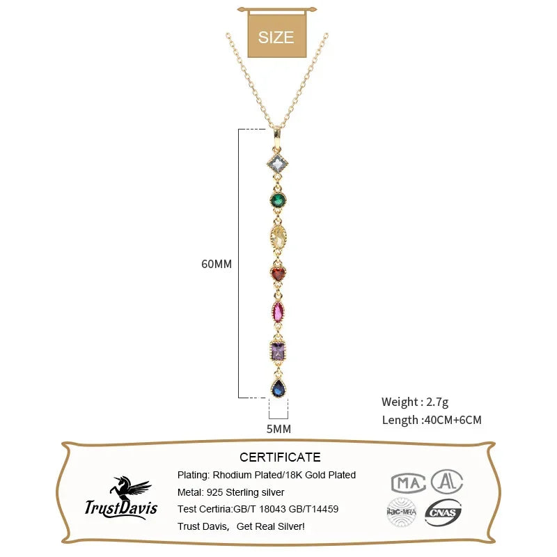 TrustDavis Real 925 Sterling Silver Sweet INS Tassel Colour CZ Stone Necklace For Women Wedding Party Fine S925 Jewelry DA1730