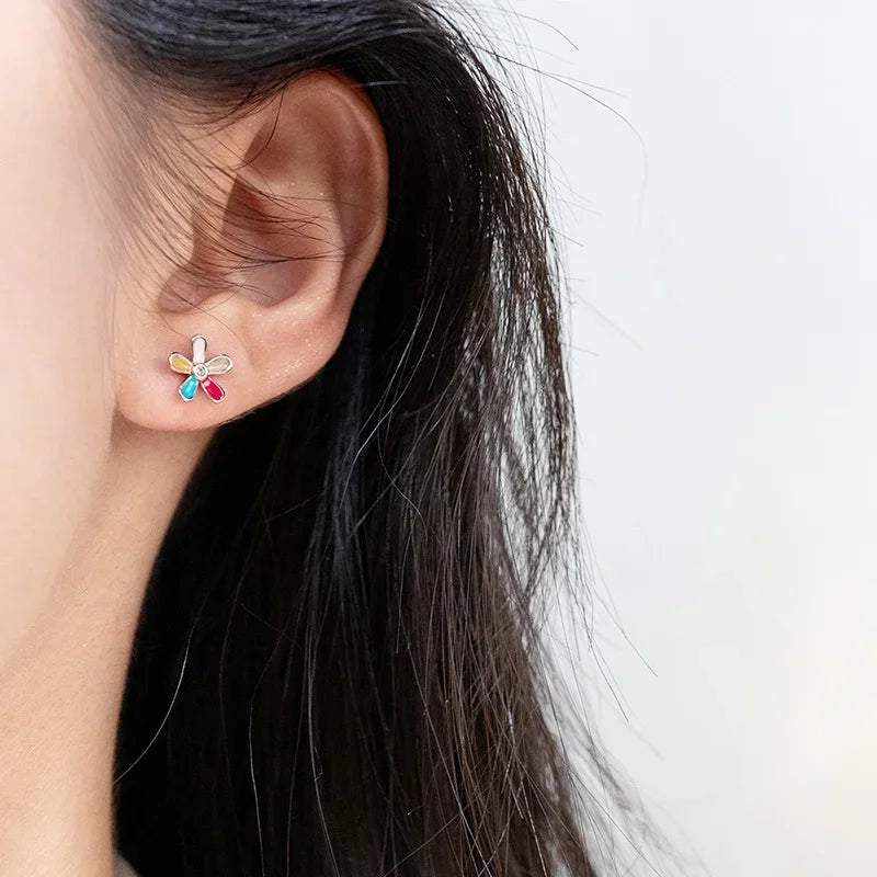 TrustDavis Girls Real 925 Sterling Silver Cute Colorful Five Petal Flower Earring Gift for Women Girl Fine Jewelry Gift DS4074