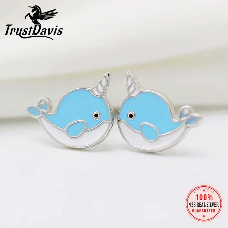 TrustDavis Girls 100% 925 Sterling Silver Blue Whale Stud Earrings For Women Young Daughter Birthday Party Jewelry Gift DS4546