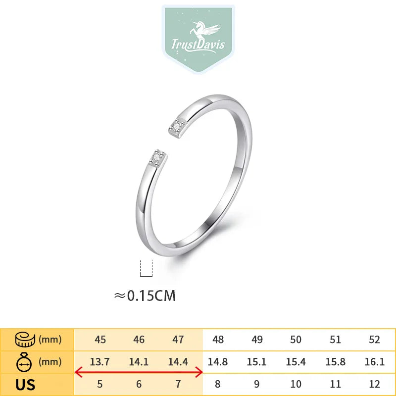 TrustDavis Real 925 Sterling Silver Sweet Minimalist Geometric CZ Opening Rings For Women Wedding Party Fine S925 Jewelry DA1549