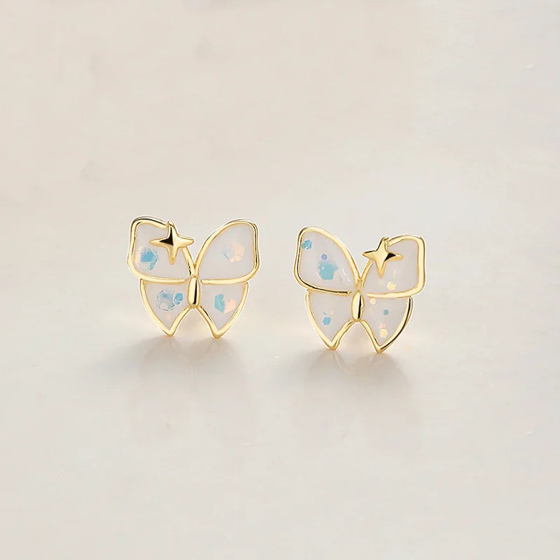Real 925 Sterling Silver Sweet White Glazed Butterfly Stud Earrings DS4126
