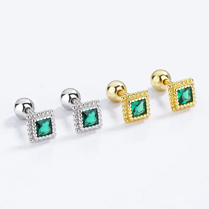 18K Gold Square Green CZ Beads Screw Earring DG0095