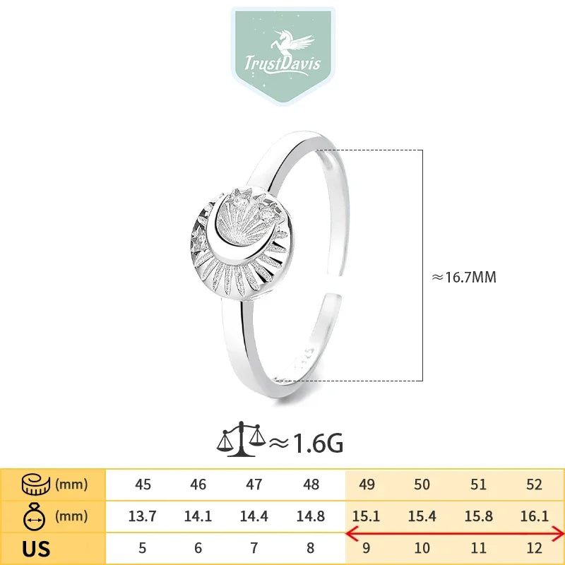 TrustDavis Real 925 Sterling Silver Sweet Sun Moon Shiny CZ Opening Ring For Women Teen Daugther Girls Xmas Gift Jewelry DS4594
