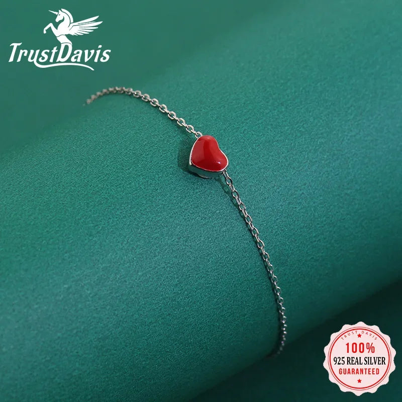 100% 925 Sterling Silver Fashion Love Red Heart Bracelet DS309